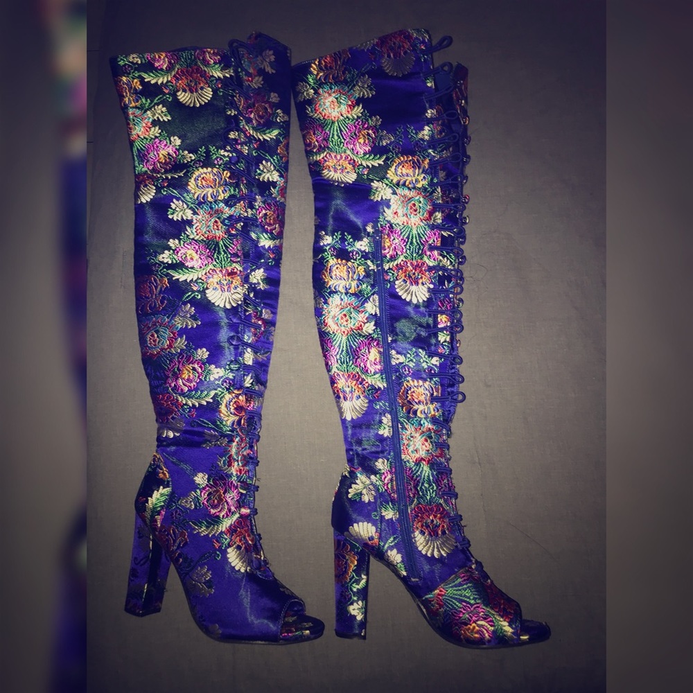 Thigh high floral open toe boots